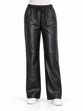 MNG Black Faux Leather Wide-Leg Pants with Drawstring Waist, XS
